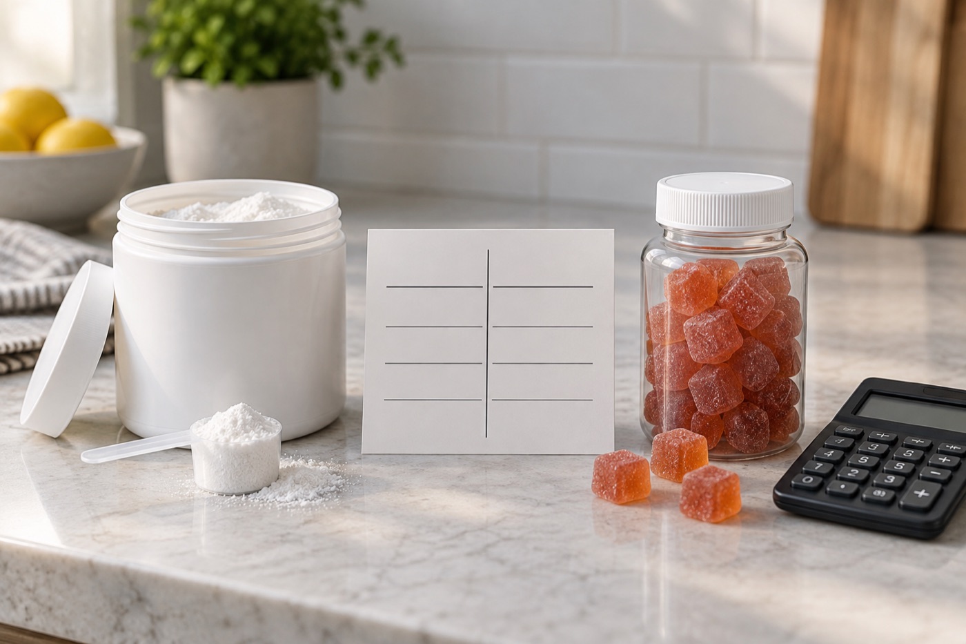 Unbranded creatine powder and gummies beside a calculator and blank comparison card