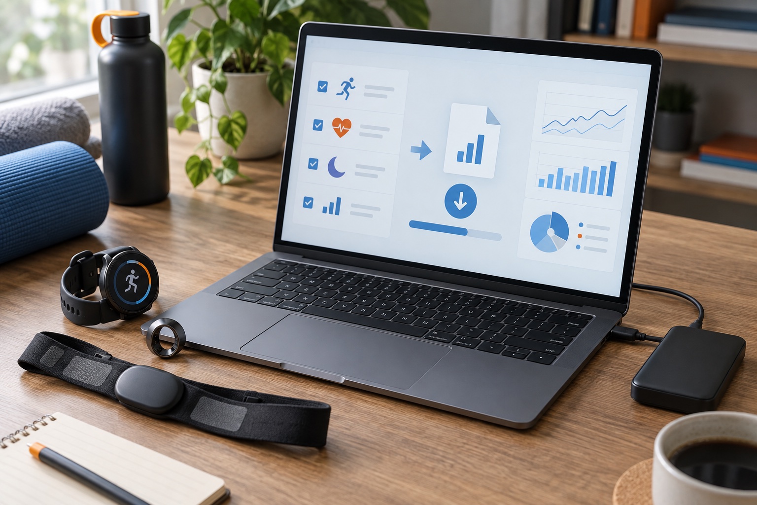 Unbranded fitness watch, smart ring, chest strap, laptop export interface, and external drive