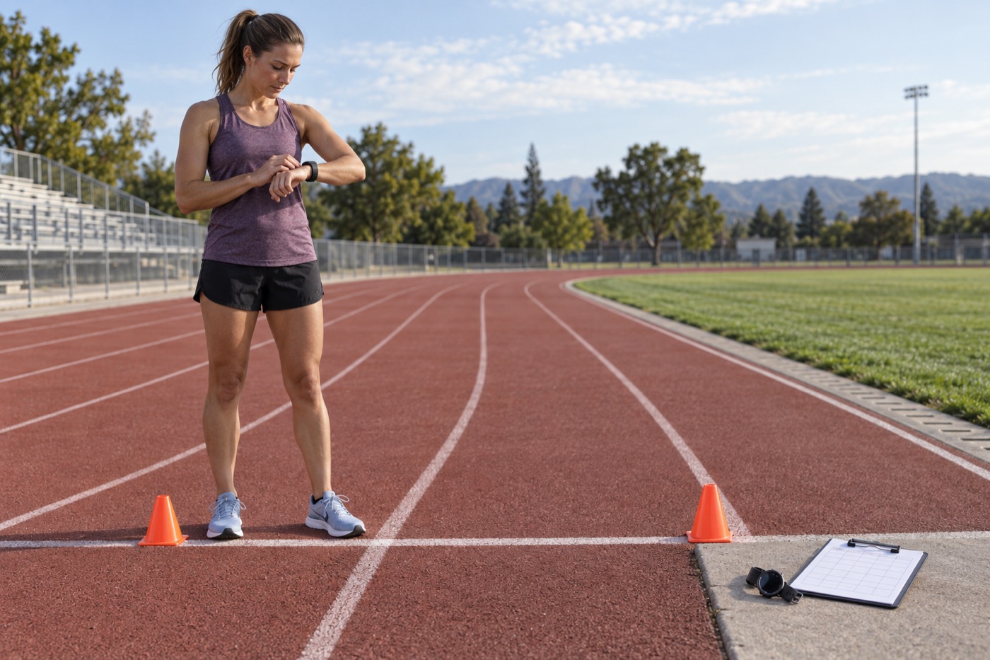 Runner checking an unbranded GPS watch at a marked track start line beside a second watch and blank test sheet