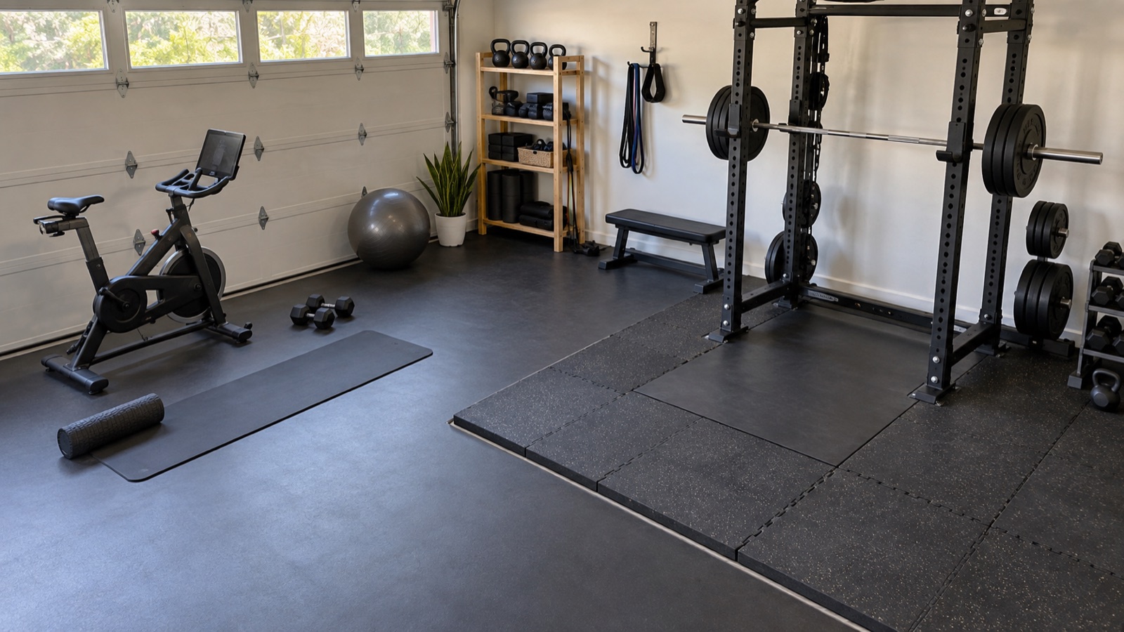 Home gym with thinner continuous rubber in a cardio zone and thicker rubber tiles around a power rack and lifting platform
