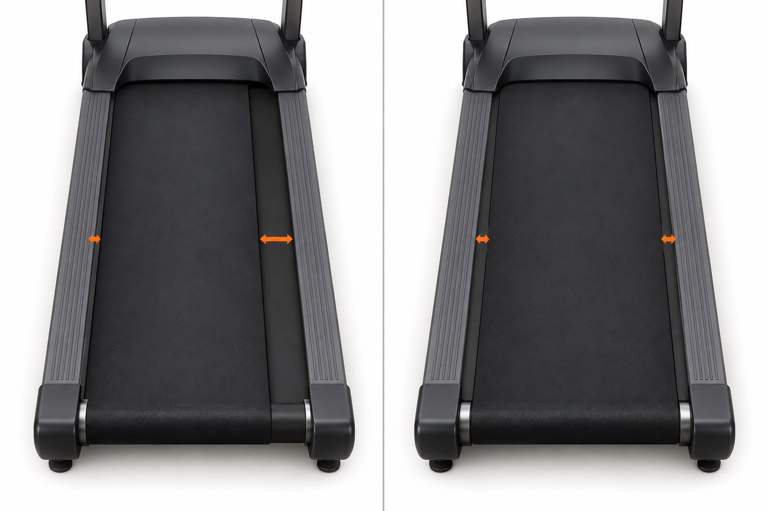 Overhead comparison of an off-center treadmill belt with uneven side gaps and a correctly centered belt with equal gaps