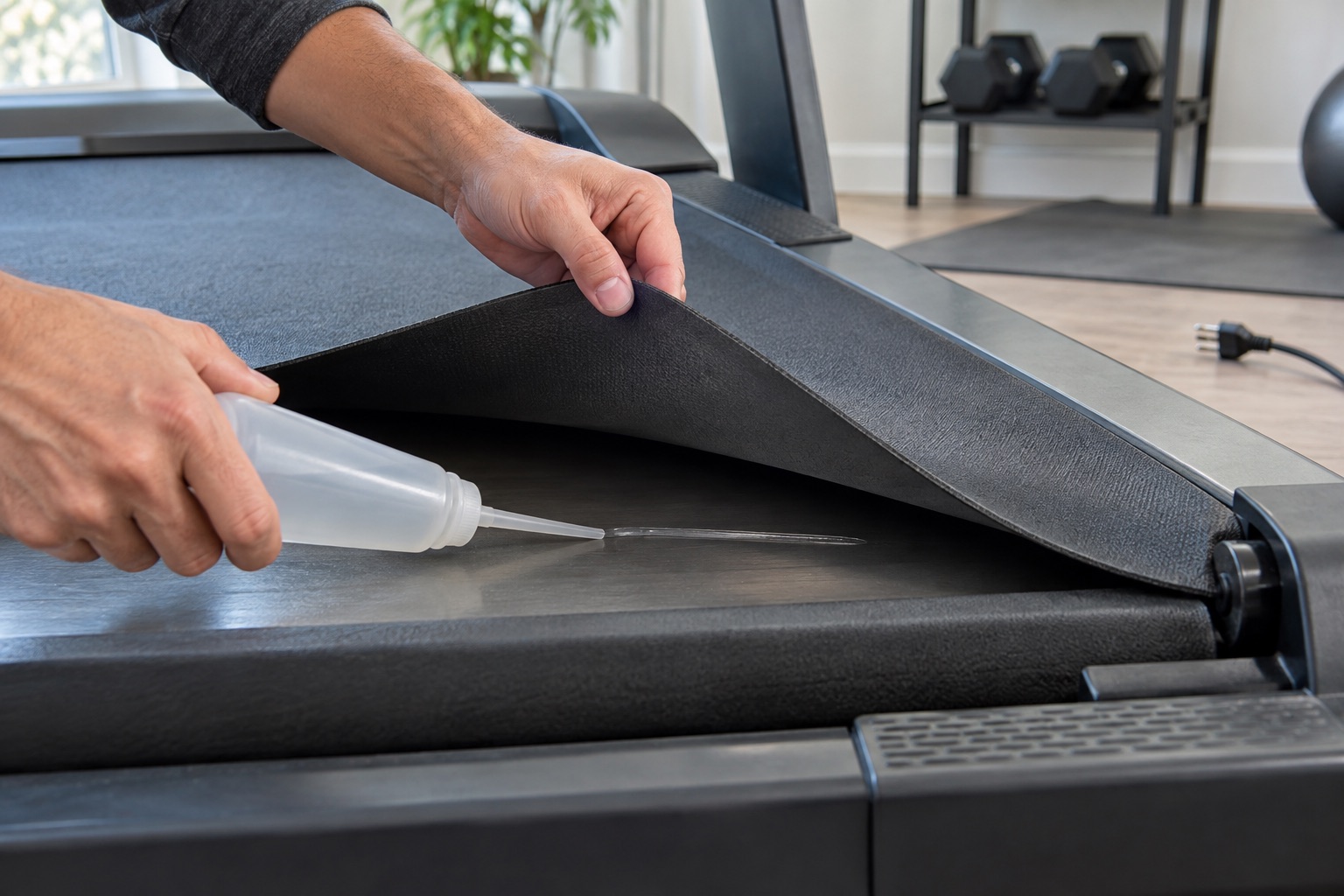 A powered-off treadmill belt lifted by hand while clear silicone lubricant is applied to the deck underneath