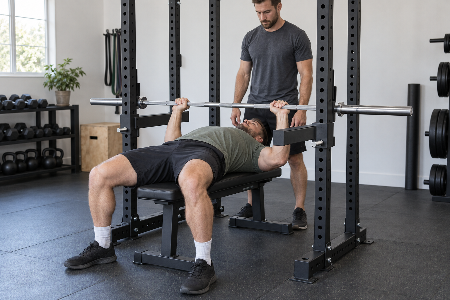 Bench presser and spotter testing an unloaded bar with paired rack safety arms beside the bench
