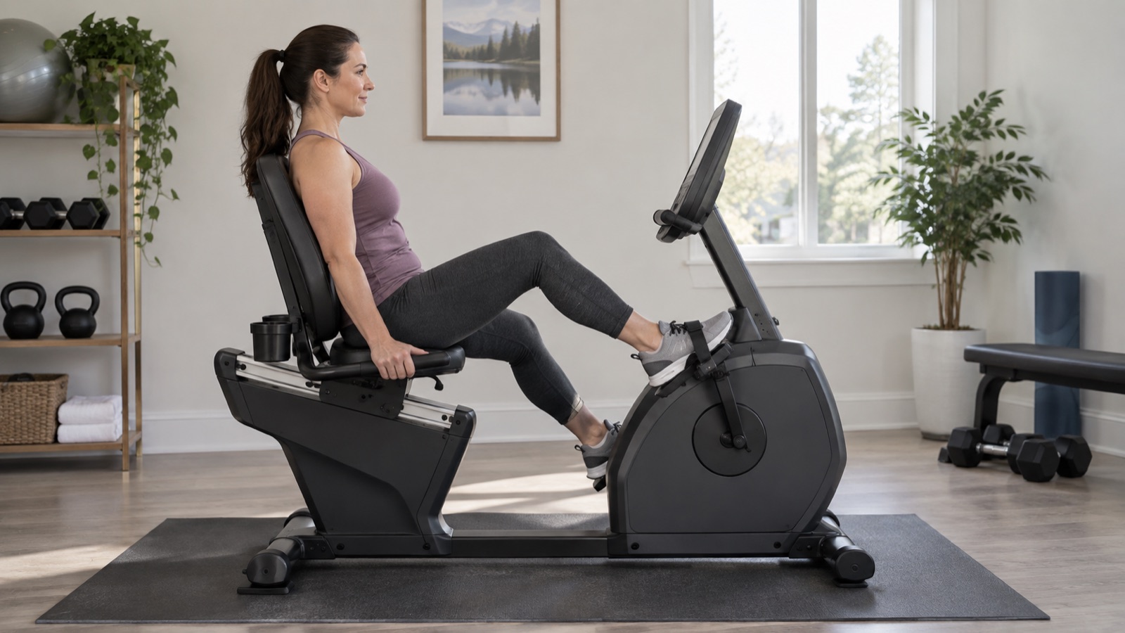 Side view of a recumbent exercise bike rider seated against the backrest with a slight knee bend at the farthest pedal position