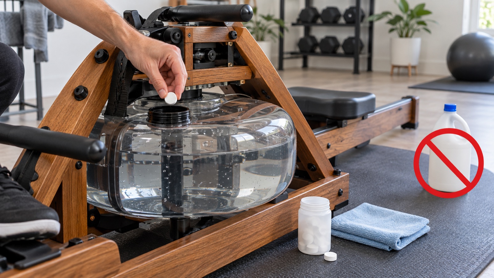 Purification tablet held above the open clear tank of an unbranded water rowing machine with bleach shown as prohibited