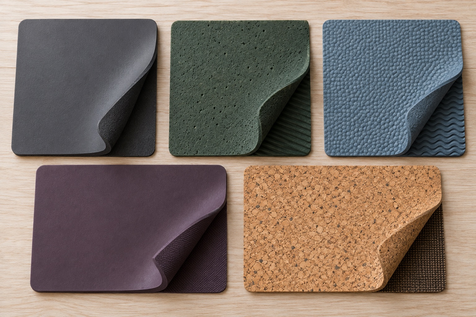 Five unbranded yoga mat material samples with different textures and layered edges